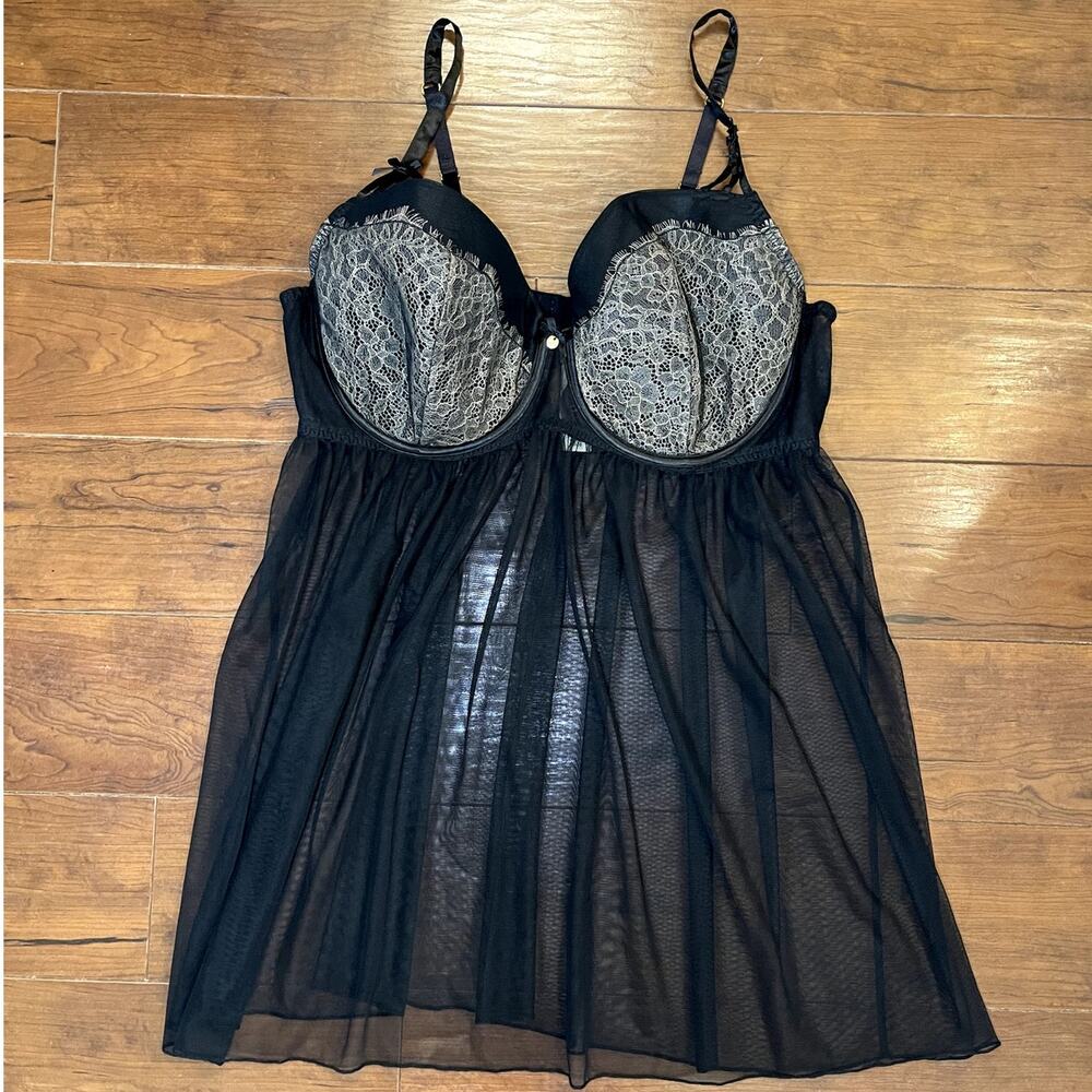 Cacique Babydoll Lingerie 44DD Black Lace Sheer Mesh Underwire NWT No Panty